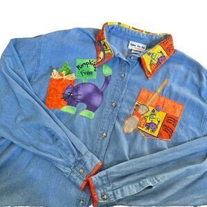 Vtg Shane Lee blue denim Halloween applique button up shirt Womens 2XL (fits XL)